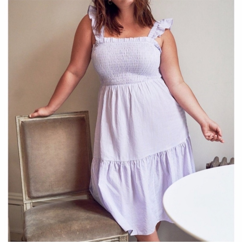 Eloquii 22/24 Purple Striped Smocked & Ruffled Midi Dress 0824